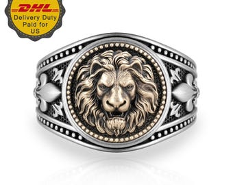 Men&#39;s Signet Ring with Bronze Lion Head, Fleur De Lis Band Ring, Leo Zodiac Sign, Leo Astrology, Roaring Lion King of the Jungle, Silver 925