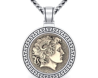 Men Round Silver Pendant, Alexander the Great Silver Necklace, Ancient Greek Pendant, Alexander of Macedon Necklace, Greek Mythology Jewelry