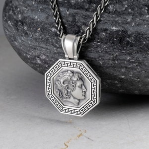 Alexander the Great of Macedon Pendant + Braided Wheat Neck Chain 2.5mm,Ancient Greek Mythology Necklace, Sterling Silver 925 unisex Jewelry