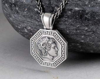 Alexander the Great of Macedon Pendant + Braided Wheat Neck Chain 2.5mm,Ancient Greek Mythology Necklace, Sterling Silver 925 unisex Jewelry