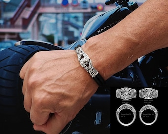 Men Silver Bracelet With Black or Brown Double Leather, 2 row Link Leather Handmade Bangle, All Lengths Custom Jewelry for him
