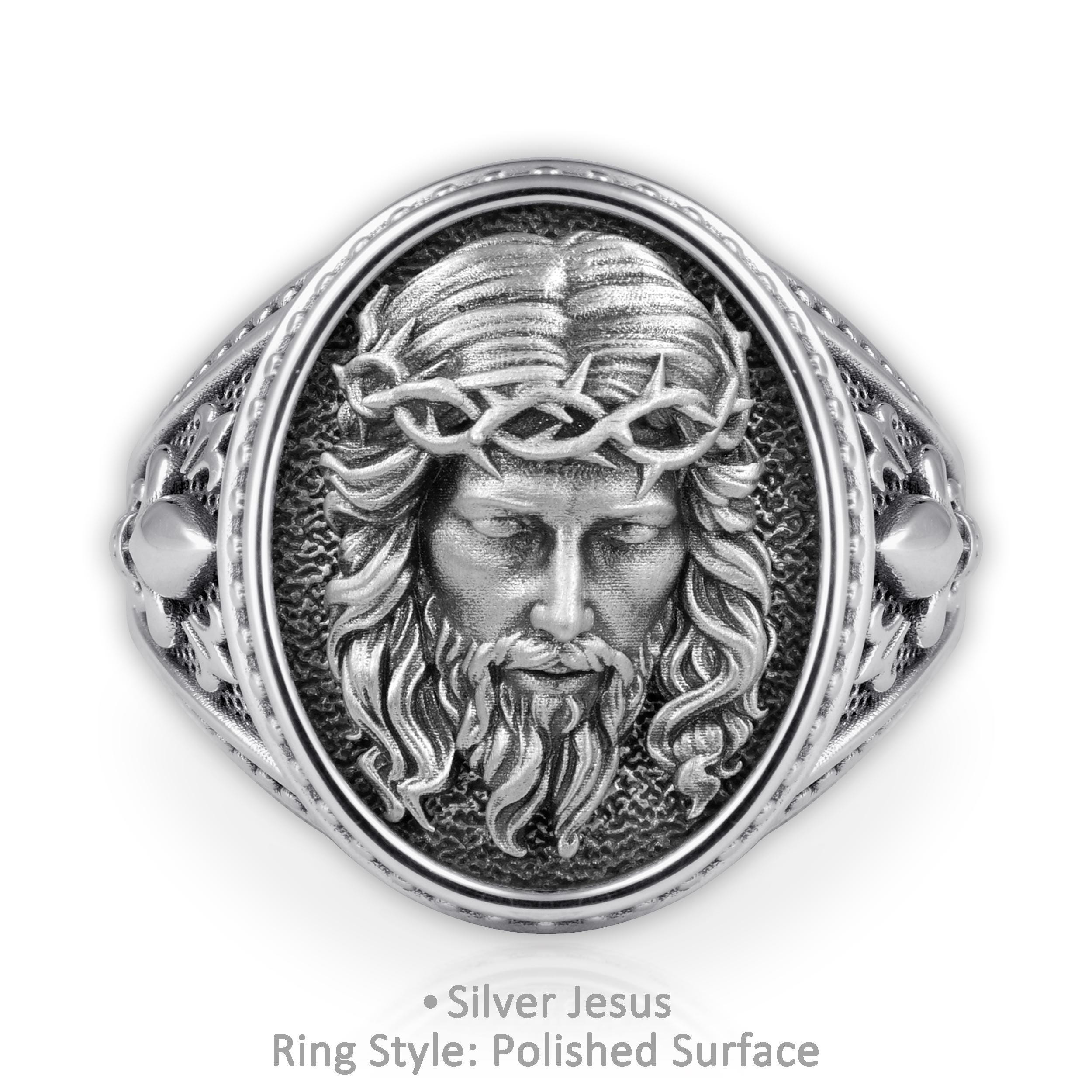 Jesus face シルバーリング　ビンテージ品 Men's Signet Ring With Jesus Christ Face and Ringside View Fleur