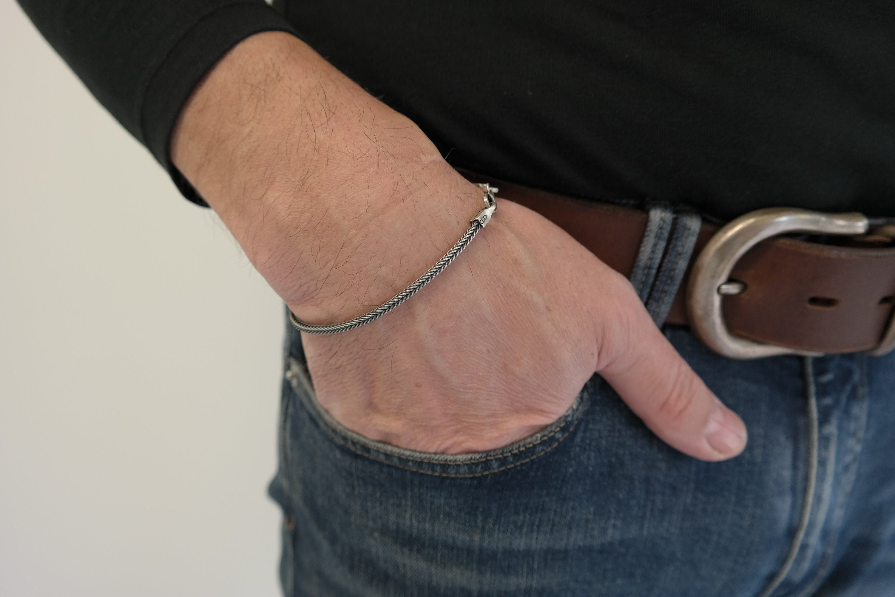 2.5mm FOXTAIL Chain Bracelet, Clasp Hook With Dots or Fleur De Lis Design, Silver or Oxidized Look, All Lengths Snake, Sterling Silver 925