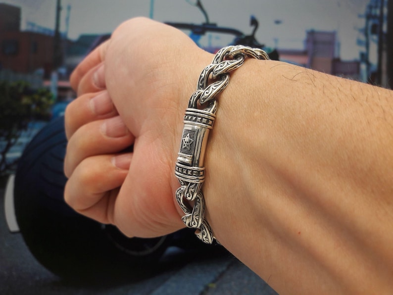 Miami Cuban Link Mens Bracelet, with Simulated Black Diamond Stones, you can choose between 15 different length sizes, Sterling Silver (photo 4)