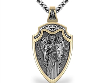 Saint Michael gold pendant, Archangel St Michael silver necklace + 2.5mm wheat braided chain, Double side gold-plated shield Cross medallion