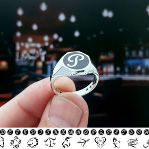 Anillo con sello de monograma de forma octogonal hecho a medida, anillo unisex con alfabeto personalizado, K, L, M, N, O, P, Q, R, S, T, U, V, W, X, Y, Z