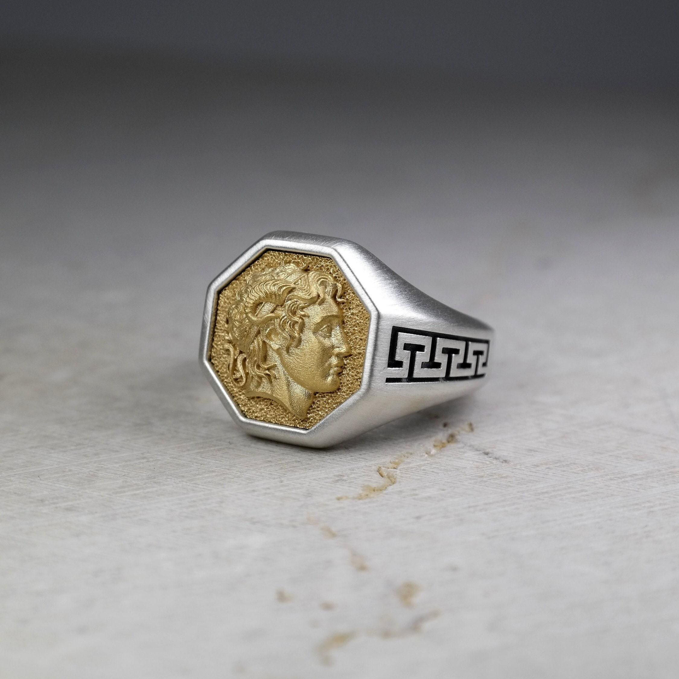Alexander the Great Signet Ring, Real Silver With Gold Plated Icon