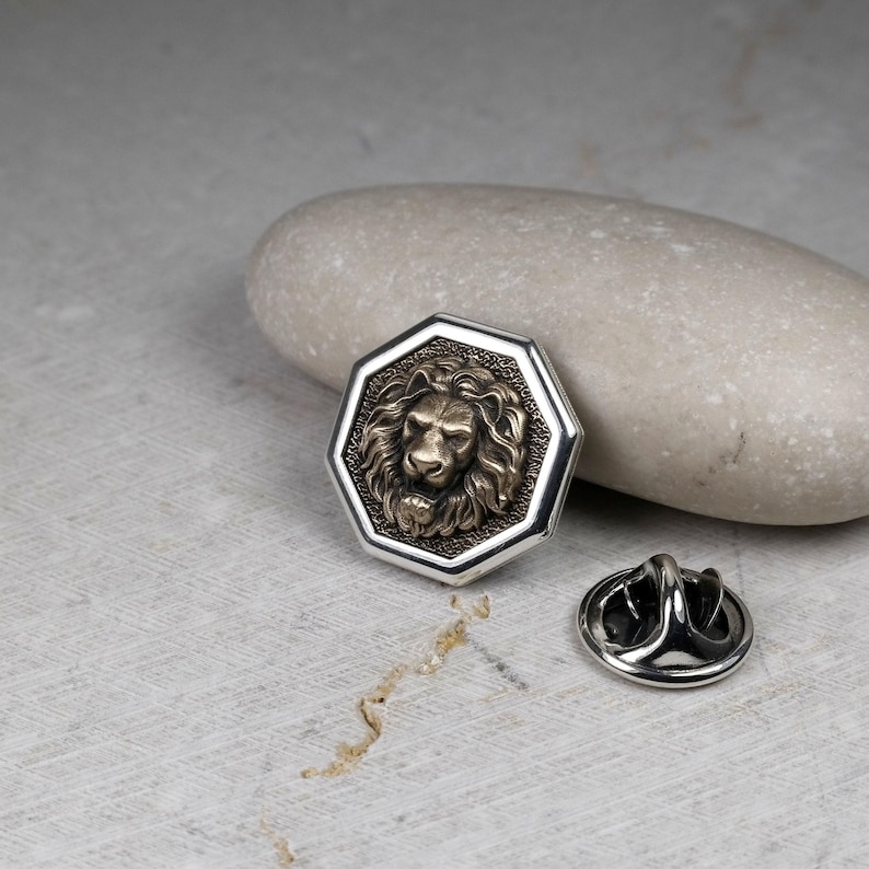 Octagon Pin Lion, Sterling Silver 925, Men's Brooch Pin, Lion Head ...