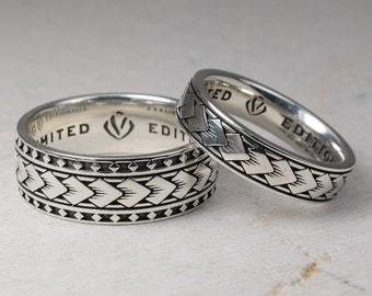 Samoan Arrow Wedding Band Set, Polynesian Pattern Ring for Men & Women, Real Sterling Silver 925, Couple Personalized Jewelry Free Engraving