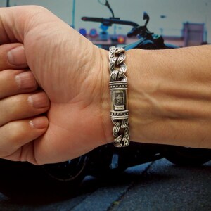 Miami Cuban Link Mens Bracelet, with Simulated Black Diamond Stones, you can choose between 15 different length sizes, Sterling Silver (photo 3)