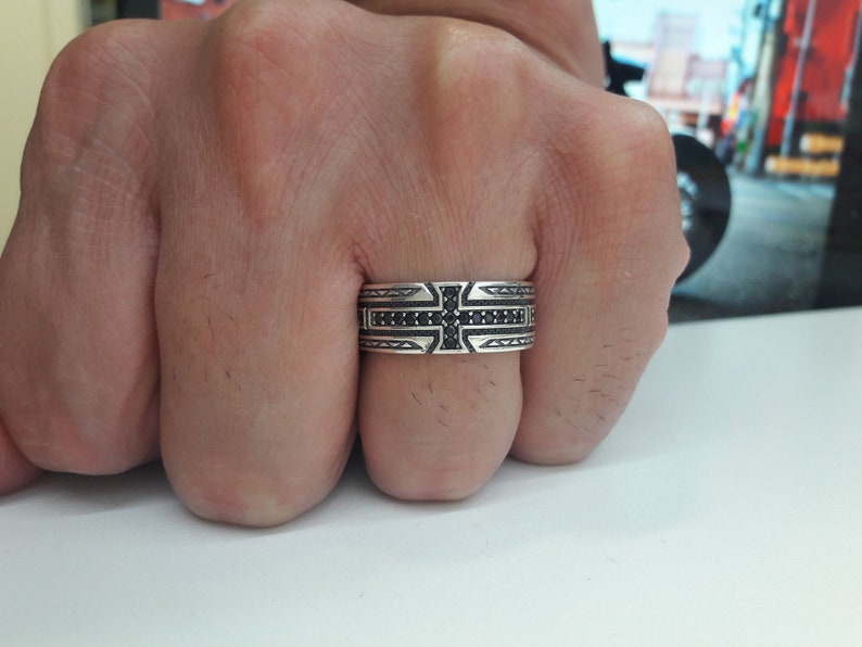 Cross Band Black White stone Men Solid Sterlig Silver 925 Ring Unisex gift for Him Husband Friends Knight Medieval Gothic Celtic Style