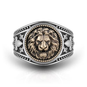 Anello con sigillo da uomo con testa di leone in bronzo, anello a fascia con giglio, segno zodiacale del Leone, astrologia del Leone, leone ruggente, re della giungla, argento 925