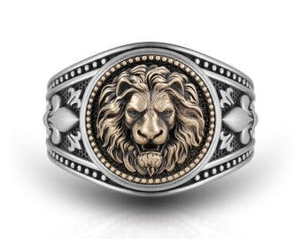 Men&#39;s Signet Ring with Bronze Lion Head, Fleur De Lis Band Ring, Leo Zodiac Sign, Leo Astrology, Roaring Lion King of the Jungle, Silver 925