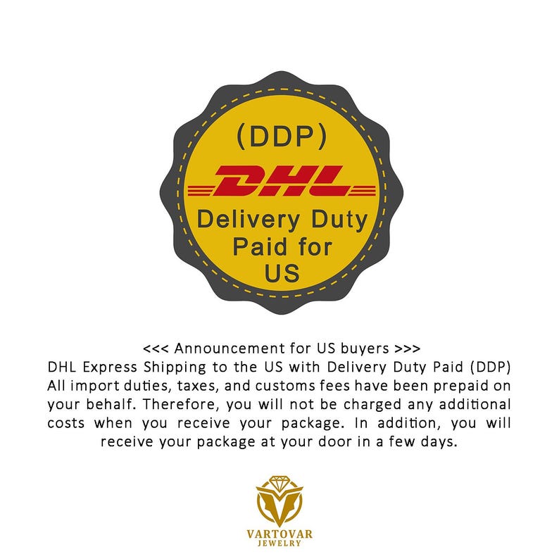 The image is an announcement for US buyers regarding DHL Express shipping services. It provides information about the DHL Express shipping service, which includes delivery duty paid (DDP) for US buyers. The DHL logo is prominently displayed, and the text explains that all import duties, taxes, and customs fees have been prepaid on the buyer's behalf, and they will not be charged any additional costs when receiving their package. The DHL logo is also featured in the bottom right corner.