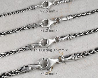 May include: Four silver chains with lobster claw clasps, each marked 925. The chains are labeled with widths of 2.5 mm, 3.0 mm, 3.5 mm, and 4.2 mm. The text indicates this listing is for the 3.5 mm chain and directs to a link for other sizes.