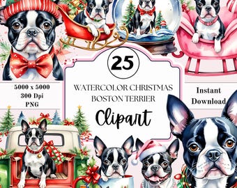 May include: A set of 25 watercolour Christmas clipart images featuring Boston Terrier dogs in various festive poses. The dogs are wearing Santa hats, bow ties, and Christmas lights. They are depicted in scenes like riding in a sleigh, sitting in a snow globe, and holding a Christmas mug.