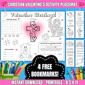 Valentinstag Bibellektion, Bibel Lesezeichen, Kinder Bibellektion, Sonntagsschule druckbar, Christian Valentinstag Aktivität Tischset für Kinder