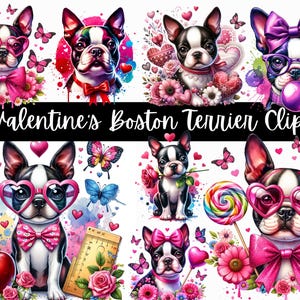 Watercolor Boston Terrier Clipart, Valentine’s Day Puppy Love, Digital Download, Cute Dog Graphics, Love Dogs Clipart, Boston Terrier SVG