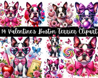 Clipart Saint-Valentin Boston Terrier, graphiques Puppy Love (téléchargement numérique)