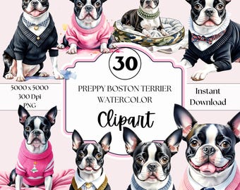 Watercolor Boston Terrier Clipart – Preppy Dog PNG (Instant Download)