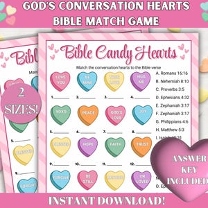 God&#39;s Conversation Hearts Bible Match Game Church Valentine Bible Verse Game Sunday School Bible Study Games for Kids, Bible Candy Hearts