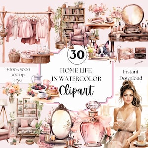 Home Life in Watercolor Glam clipart, Fashionable clipart, PNG, Sublimation, Stickers, Junk Journal, Scrapbook, Commercial Use