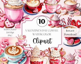 Aquarell Valentinstag Kaffee Clipart - Digitaler Download