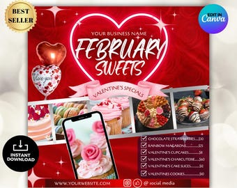 Folleto de venta de pasteles de San Valentín, plantilla de panadería (Canva)