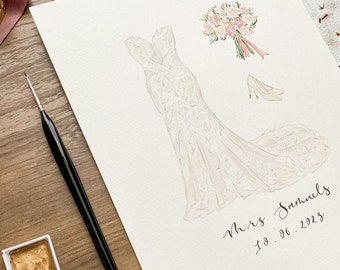 Wedding dress illustration // wedding dress painting, wedding outfit keepsake, wedding outfit painting, Bridal gift, newlyweds gift