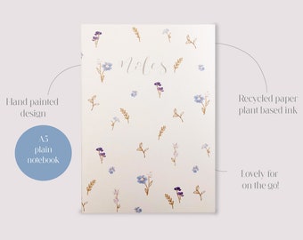 Flower notebook eco friendly A5 // plain pages, gift for her, Bridesmaid gift, gift for friends, eco gift