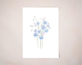 Puede incluir: Una pintura de acuarela de un ramo de flores azules nomeolvides con acentos rosados.