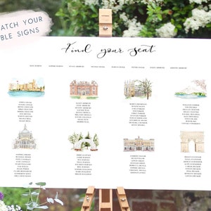 May include: White wedding seating chart with the text "Find your seat" at the top. The chart lists guest names under illustrated watercolour images of famous buildings.