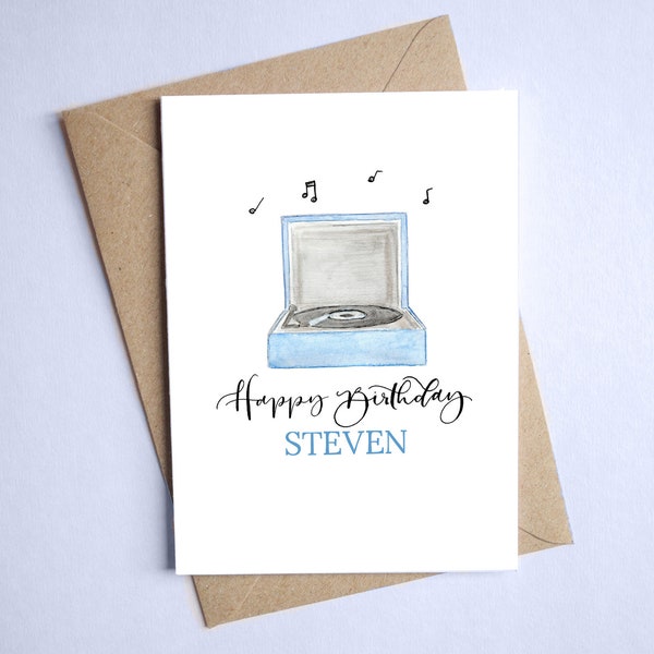 Birthday record player card // personalised name music card, gift for him her family friends,  eco friendly stationery
