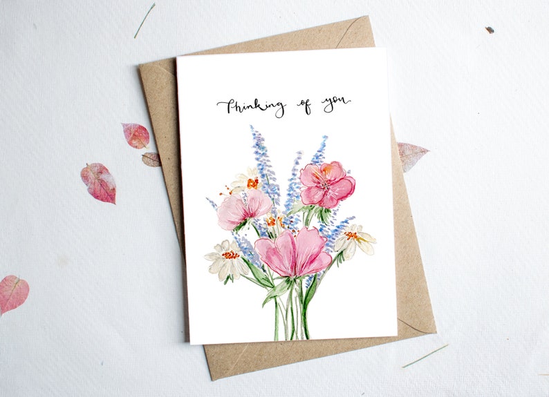 Thinking of you card // Illustrated botanical flower card , Thoughtful card , Blank notecard, eco friendly recycled card , sympathy card image 1