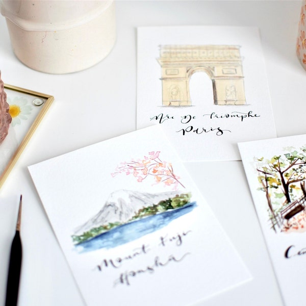 Location wedding table name cards // hand painted bespoke wedding table cards, alternative table numbers, location, travel themed