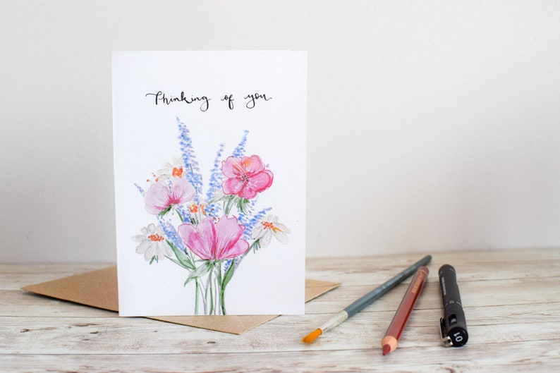 Thinking of you card // Illustrated botanical flower card , Thoughtful card , Blank notecard, eco friendly recycled card , sympathy card image 2