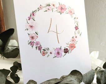 Wedding table name or number / floral botanical with metallic calligraphy details