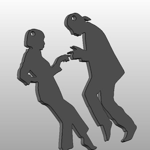 May include: Silhouette of two people dancing, one with their arm raised and the other with their arm extended, both in a classic rock and roll pose.