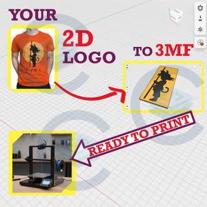 Könnte beinhalten: Ein orangefarbenes T-Shirt mit einem schwarzen Grafikdesign und japanischem Text wird neben einem 3D-Modell desselben Designs gezeigt. Das Bild veranschaulicht den Prozess der Umwandlung eines 2D-Logos in einen 3D-Druck.