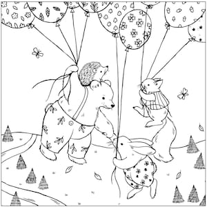 Pode incluir: Uma ilustra&ccedil;&atilde;o em preto e branco de um urso, um ouri&ccedil;o, um coelho e um esquilo segurando bal&otilde;es. Os animais est&atilde;o vestidos e est&atilde;o voando pelo ar.