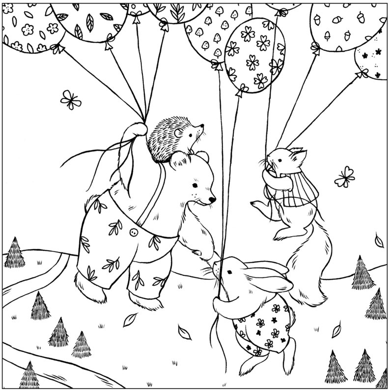 Pode incluir: Uma ilustra&ccedil;&atilde;o em preto e branco de um urso, um ouri&ccedil;o, um coelho e um esquilo segurando bal&otilde;es. Os animais est&atilde;o vestidos e est&atilde;o voando pelo ar.