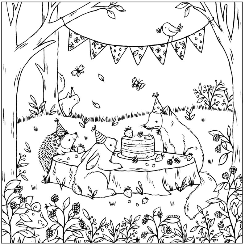 Pode incluir: Uma ilustra&ccedil;&atilde;o em preto e branco de uma festa de anivers&aacute;rio na floresta. Um ouri&ccedil;o, um coelho, uma raposa e um esquilo est&atilde;o reunidos em torno de um bolo com velas. H&aacute; bandeiras e borboletas no fundo.