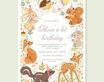 Einladung zur Geburtstagsparty im Wald |  13x18 cm | Bearbeitbare Canva Vorlage | Instant Canva Link mit Waldtieren, Konfetti, Bubbles