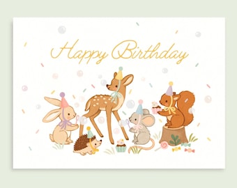 Woodland Geburtstagsparty Grußkarte |  18 x 12 cm | Bearbeitbare Canva Vorlage | Instant Canva Link mit Waldtieren, Konfetti, Bubbles