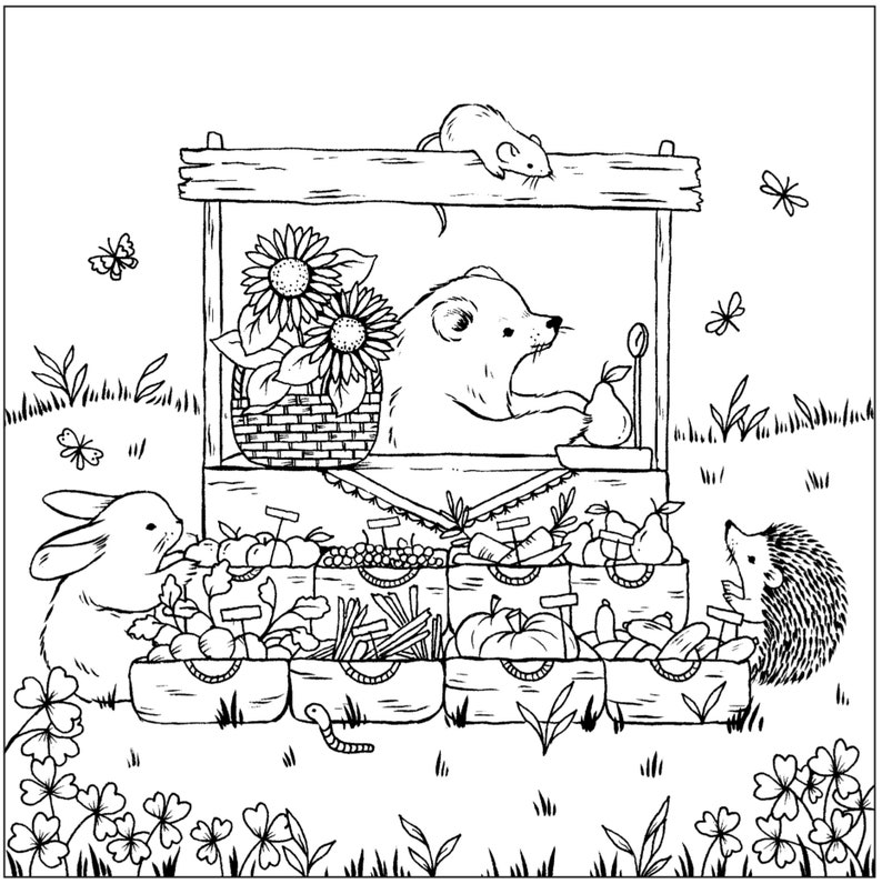Pode incluir: Um desenho a preto e branco de um urso a vender produtos a partir de uma banca de madeira. O urso est&aacute; a segurar uma p&ecirc;ra. H&aacute; outros animais, incluindo um coelho, um ouri&ccedil;o e um rato, na banca. A banca tem v&aacute;rias cestas de produtos, incluindo ma&ccedil;&atilde;s, peras, cenouras e ab&oacute;boras.