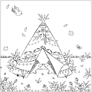 Pode incluir: Um desenho a preto e branco de dois ouri&ccedil;os a espreitar de uma tenda decorada com padr&otilde;es florais. A tenda &eacute; rodeada por relva e folhas.