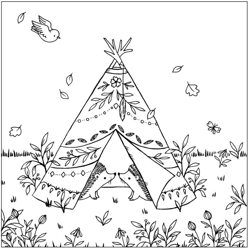 Pode incluir: Um desenho a preto e branco de dois ouri&ccedil;os a espreitar de uma tenda decorada com padr&otilde;es florais. A tenda &eacute; rodeada por relva e folhas.