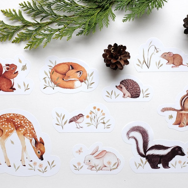 Woodland Sticker Set by Nina Stajner : 9 Cute Animal stickers -  Rabbit, Fawn, Skunk, Hedgehog, Squirrel, Chipmunk, Mouse, Fox, Birdie.