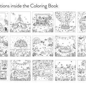 Pode incluir: Ilustra&ccedil;&otilde;es em preto e branco de v&aacute;rias cenas com animais e natureza. As cenas incluem uma tenda, um bal&atilde;o de ar quente, um balan&ccedil;o, uma casa de p&aacute;ssaros e um jardim.