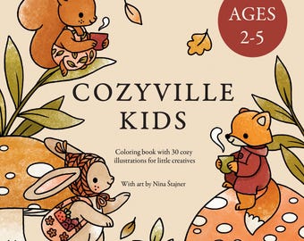 Livro de colorir infantil Cozyville (download digital): 30 animais fofos de outono e da floresta em cenários aconchegantes, perfeito para crianças de 2 a 5 anos.